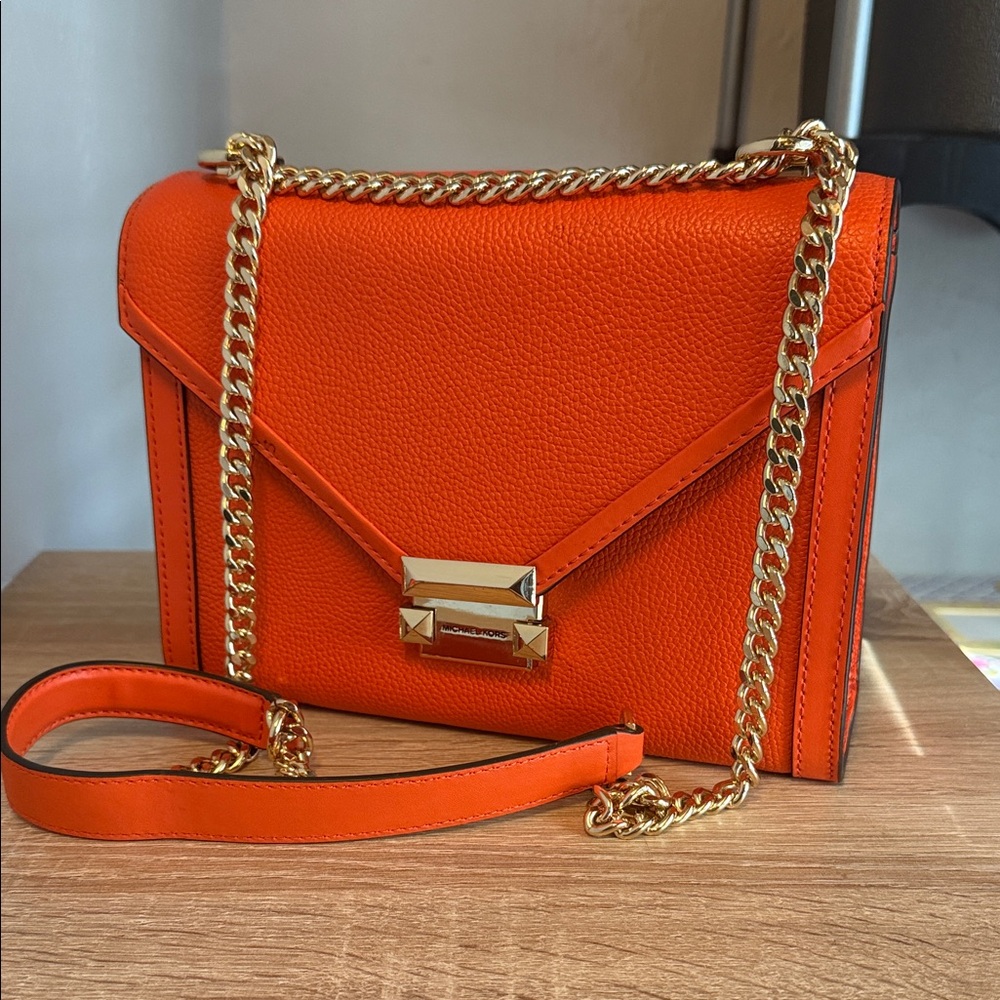 Michael Kors Vibrant Orange Crossbody Bag with Gold Chain